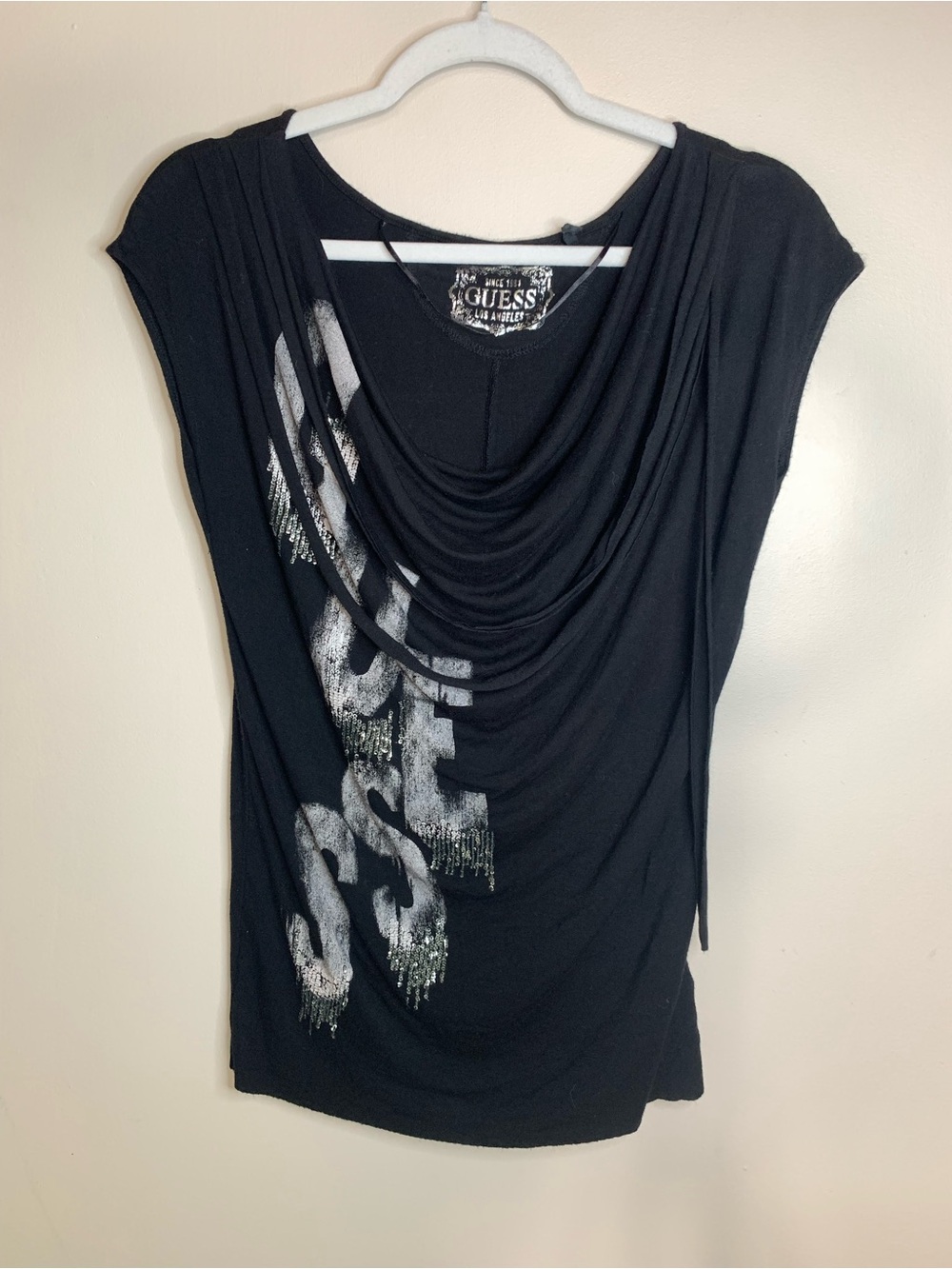 Guess Y2K Black Silver Sequin Cowl Neck Blouse S
